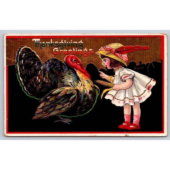 Postcard Thanksgiving Greetings Turkey Girl Germany Embossed c1910s Unposted - Picture 1 of 2